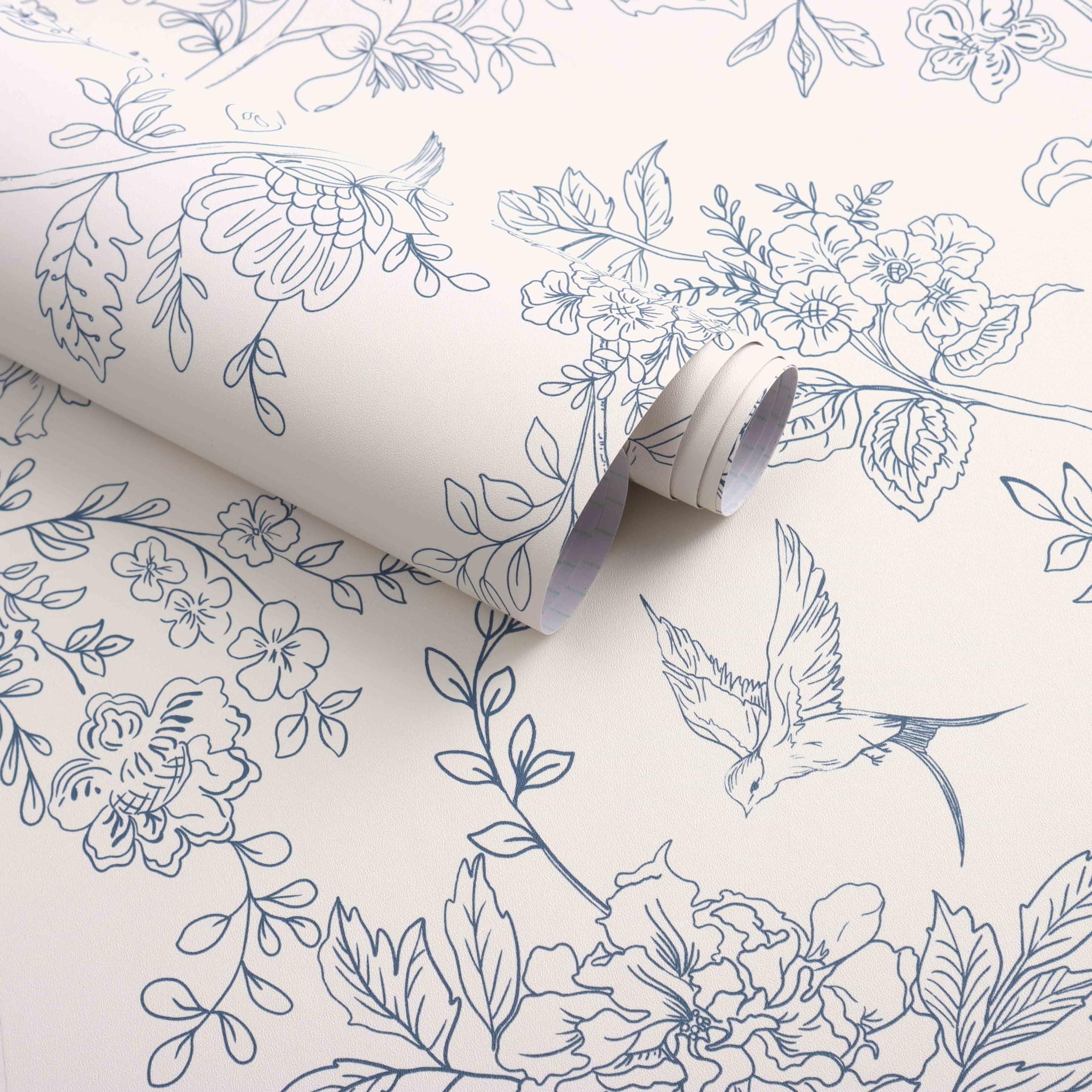 Froluya Cream White and Blue Floral Peel and Stick Wallpaper